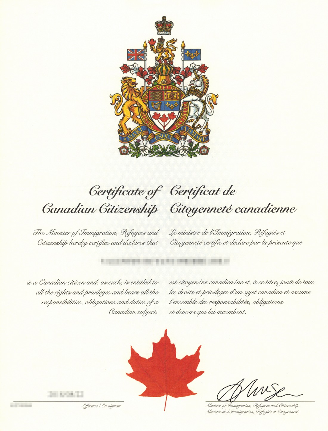 Canadian citizenship certificate